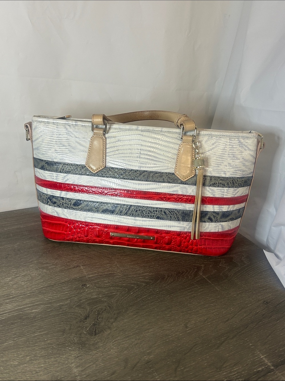 Brahmin Red, White & Navy Striped Leather Tote